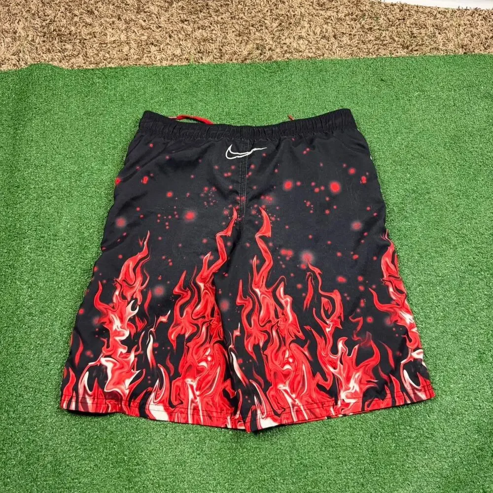 Nike Swim Trunks Black Red Flame Graphic Y2K Shorts Mens M Beach Surf Summer